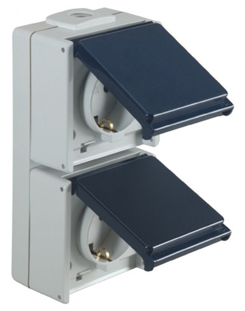 Schutzkontaktsteckdose IP54 10-/16 A 230/50V/Hz Aufputz 2-fach hellgrau/stahlbl. Schutzkontaktsteckdose IP54 10-/16 A 230/50V/Hz Aufputz 2-fach hellgrau/stahlbl.