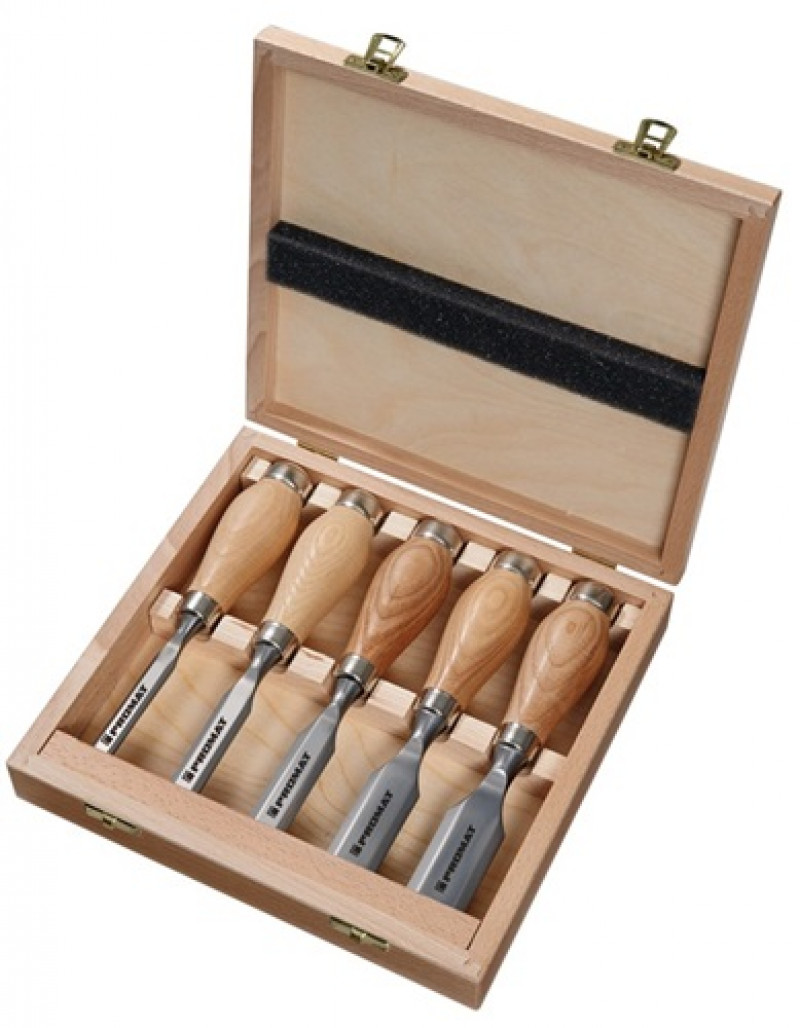 Kurzbeitelsatz 12,16,20,26,30mm Esche,geölt 5tlg.Holzkasten PROMAT