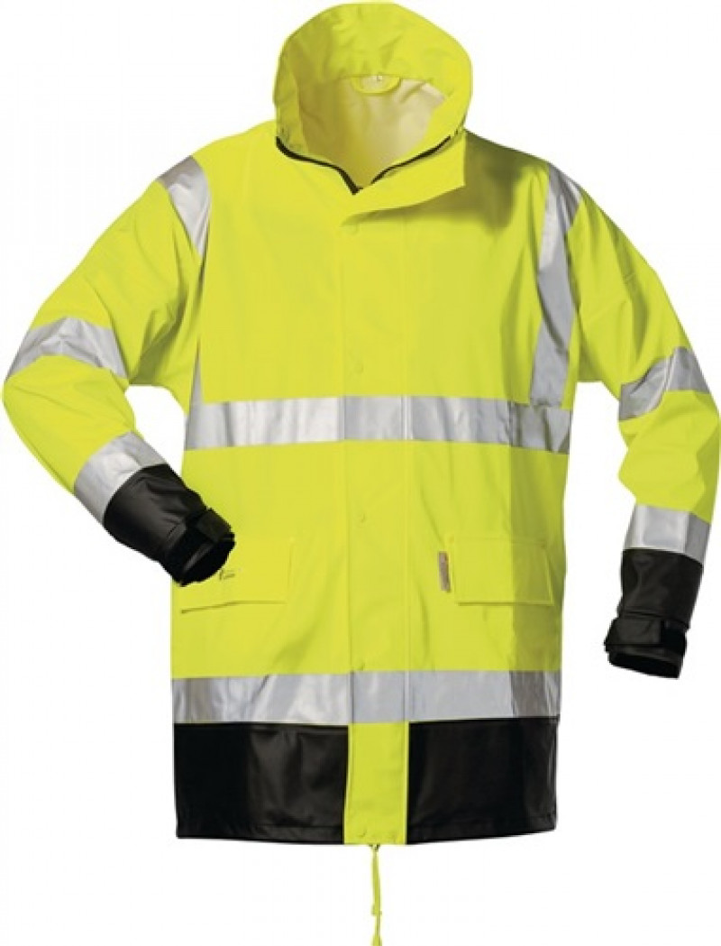 Warnschutz PU Regenjacke Manfred Gr. L gelb/schwarz PU auf PES-Trägermaterial Warnschutz PU Regenjacke Manfred Gr. L gelb/schwarz PU auf PES-Trägermaterial