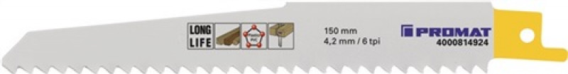 Säbelsägeblatt L.150mm B.19mm HO TPI 6 4,2mm gefr.,geschr.5 St./Karte PROMAT Säbelsägeblatt L.150mm B.19mm HO TPI 6 4,2mm gefr.,geschr.5 St./Karte PROMAT