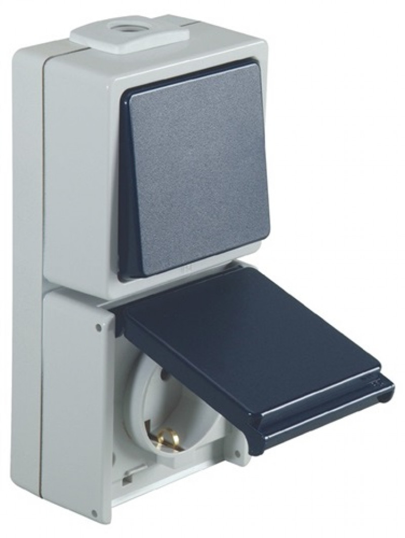 Feuchtraumschalter 250/50V/Hz 10/16 A IP54 m.Steckd. Feuchtraumschalter 250/50V/Hz 10/16 A IP54 m.Steckd.