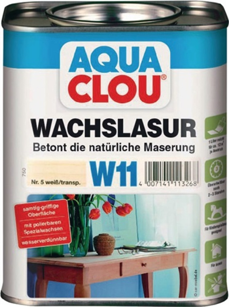 Wachslasur W11 Farbe 5 weiß 750 ml Dose AQUA CLOU Wachslasur W11 Farbe 5 weiß 750 ml Dose AQUA CLOU