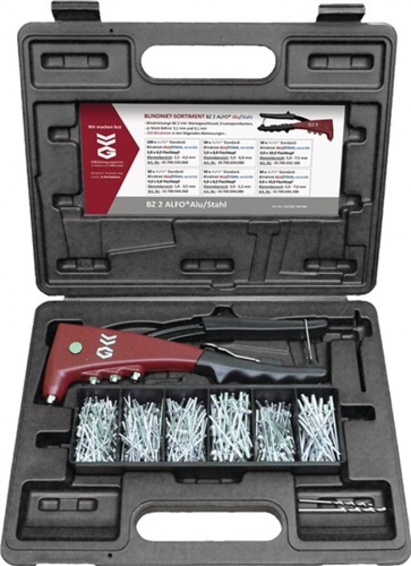 Blindnietsortiment ALFO® Alu/Stahl 354tlg.BZ 2 u.Blindniete Alu/Stahl i.Ku.-Kof. Blindnietsortiment ALFO® Alu/Stahl 354tlg.BZ 2 u.Blindniete Alu/Stahl i.Ku.-Kof.