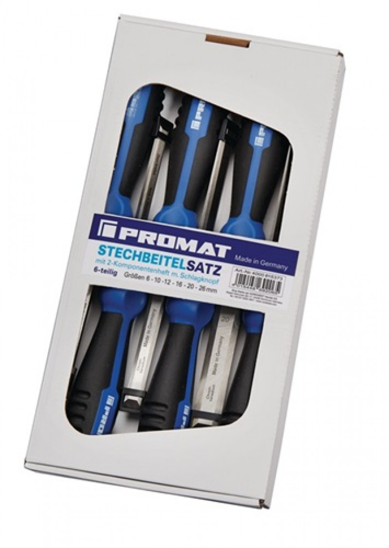 Stechbeitelsatz 6,10,12,16,20,26mm 2-K Heft.m.Schlagkopf 6tlg.Krt.PROMAT Stechbeitelsatz 6,10,12,16,20,26mm 2-K Heft.m.Schlagkopf 6tlg.Krt.PROMAT
