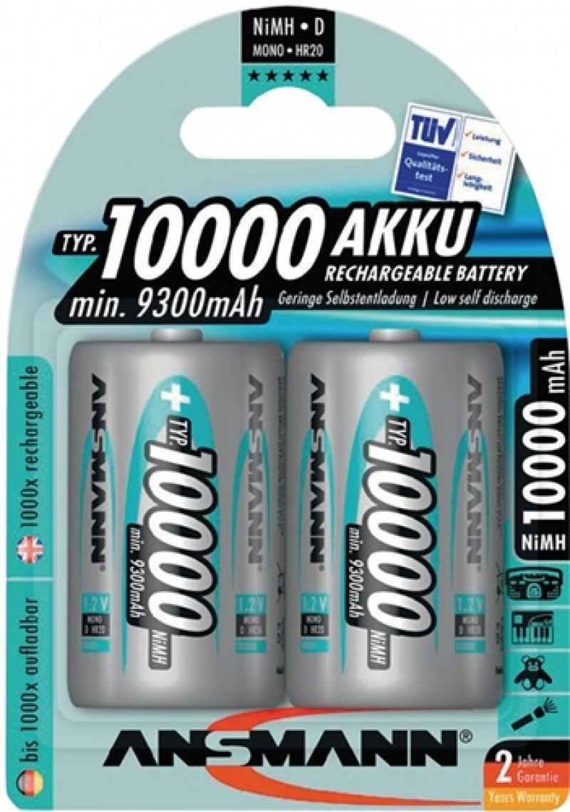 Akkuzelle 1,2 V 10000 mAh R20-D-Mono HR20 2 2St./Blister ANSMANN Akkuzelle 1,2 V 10000 mAh R20-D-Mono HR20 2 2St./Blister ANSMANN