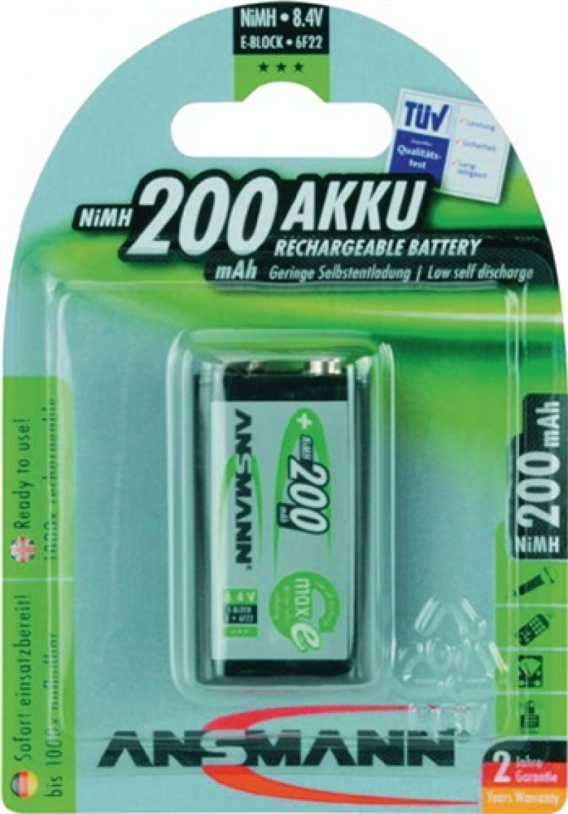 Akkuzelle maxE 8,4 V 200 mAh 9V E-Block HR9V 1 1St./Blister ANSMANN Akkuzelle maxE 8,4 V 200 mAh 9V E-Block HR9V 1 1St./Blister ANSMANN