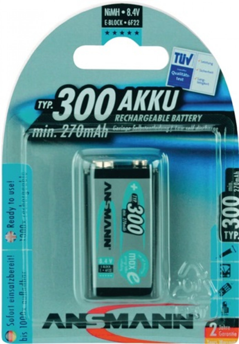 Akkuzelle 9 V 300 mAh 9-V-E-Block 6F22 1 1St./Blister ANSMANN Akkuzelle 9 V 300 mAh 9-V-E-Block 6F22 1 1St./Blister ANSMANN