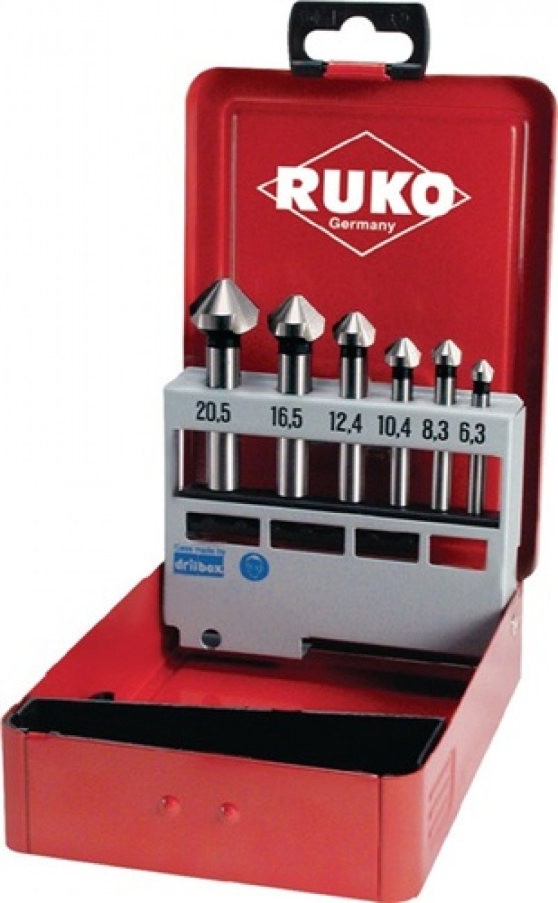 Kegelsenkersatz DIN335 C 90Grad 6,3-20,5mm HSS-Co5 Z.3 6tlg.Metallkassette Kegelsenkersatz DIN335 C 90Grad 6,3-20,5mm HSS-Co5 Z.3 6tlg.Metallkassette
