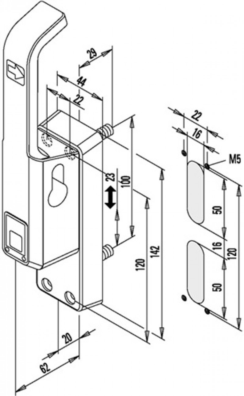Türtreibr.989 DIN re.silber elox.LM.23mm Rundstange 10mm Türtreibr.989 DIN re.silber elox.LM.23mm Rundstange 10mm