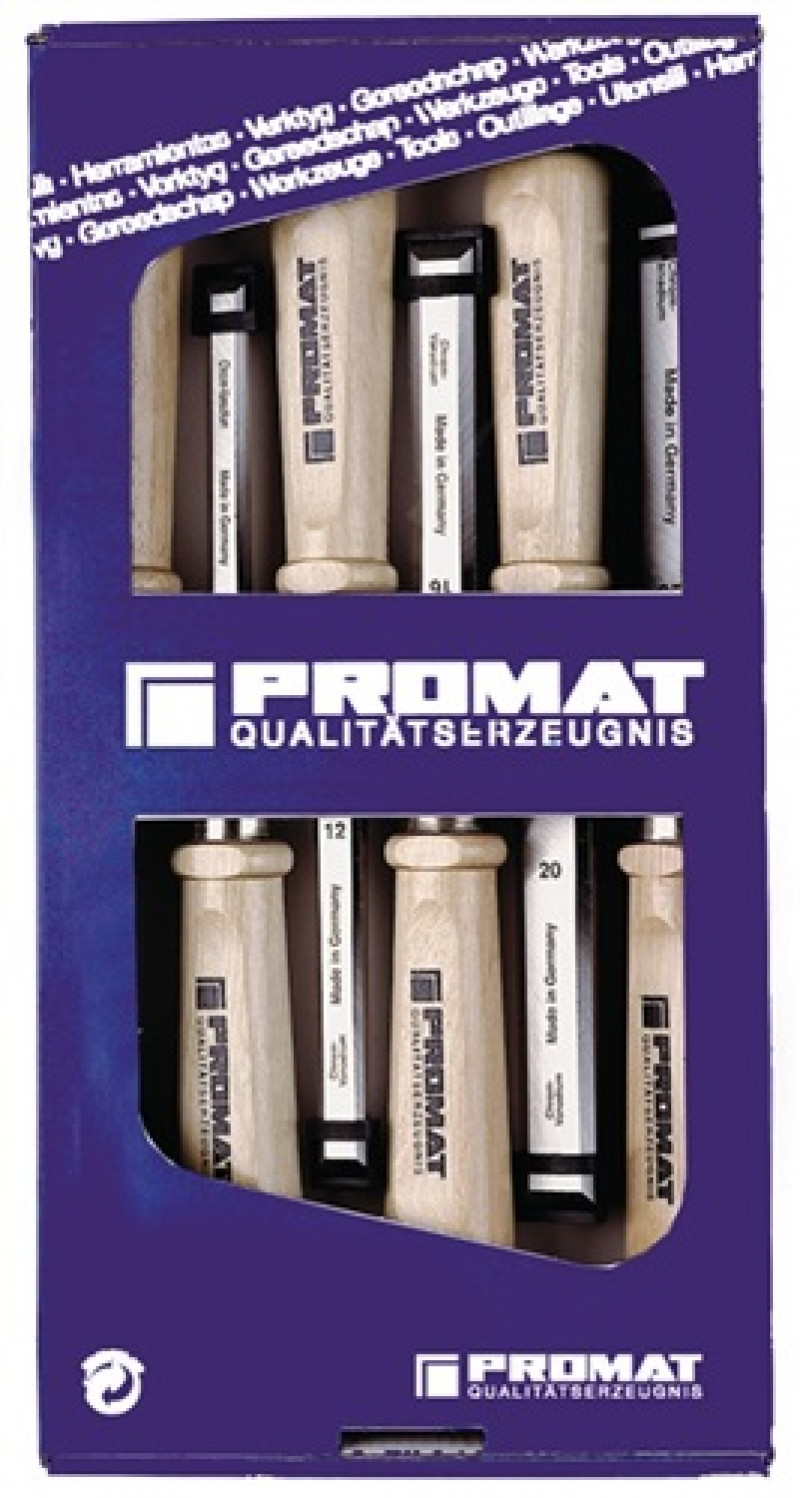 Stechbeitelsatz 6,10,12,16,20,26mm Weißbuchenh.Ulmer Form 6tlg.Krt.PROMAT Stechbeitelsatz 6,10,12,16,20,26mm Weißbuchenh.Ulmer Form 6tlg.Krt.PROMAT