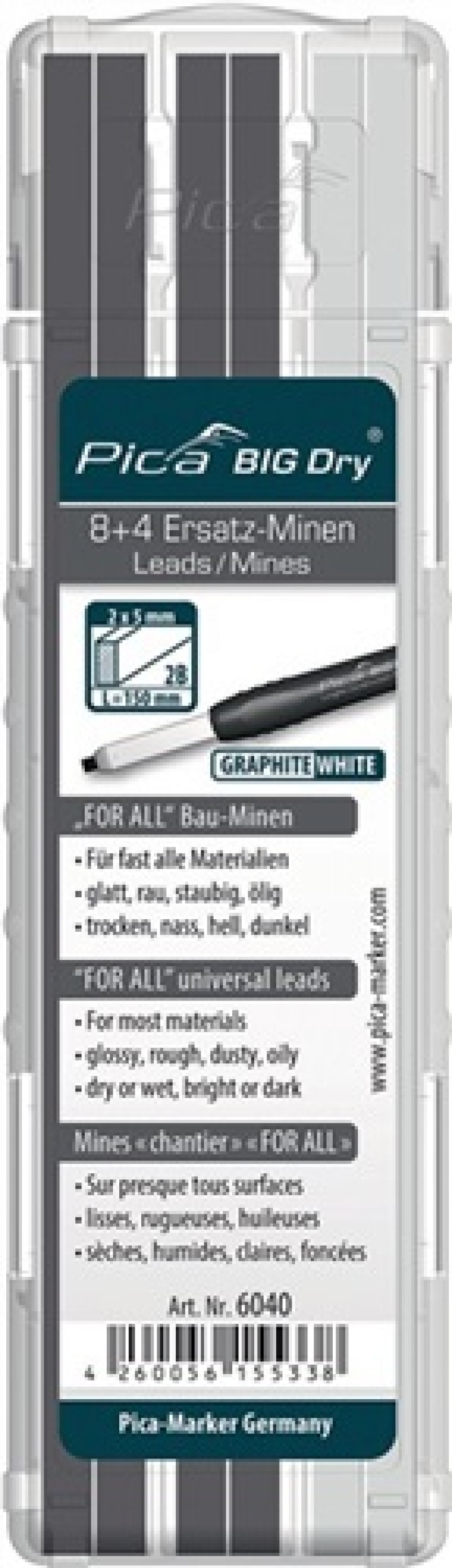 Minenset f.Zimmermannsbleistift 12 teilig Pica graphit/weiß BIG Dry 6040 Minenset f.Zimmermannsbleistift 12 teilig Pica graphit/weiß BIG Dry 6040