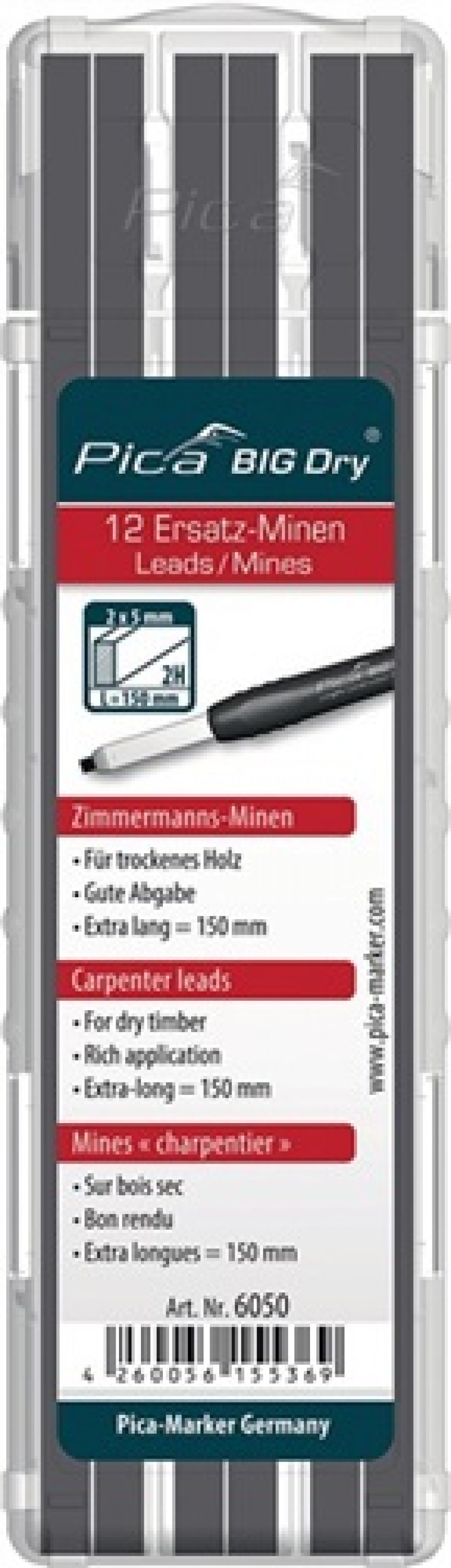 Minenset f.Zimmermannsbleistift 12 teilig Pica graphit 2H BIG Dry 6050 Minenset f.Zimmermannsbleistift 12 teilig Pica graphit 2H BIG Dry 6050