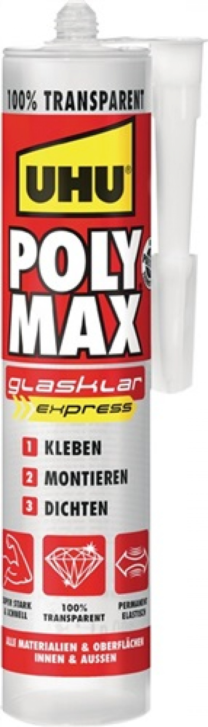 Kleb-/Dichtstoff POLY MAX EXPRESS glasklar 300g Kartusche UHU Kleb-/Dichtstoff POLY MAX EXPRESS glasklar 300g Kartusche UHU