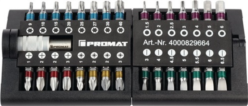 Bit- Sortiment PROMAT 31-tlg.mit Farbleitsystem und Magnethalter mit Schnellwech Bit- Sortiment PROMAT 31-tlg.mit Farbleitsystem und Magnethalter mit Schnellwech