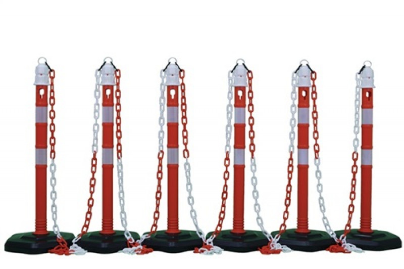 Sperrpfostenset PP rot/weiß m.Sechskantfuß D63xH1000mm 6 Pfosten u.5 Ketten Sperrpfostenset PP rot/weiß m.Sechskantfuß D63xH1000mm 6 Pfosten u.5 Ketten