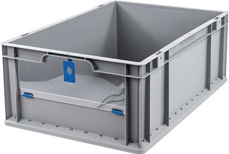 Transportstapelbehälter L600xB400xH220mm grau blau PP m.Klappscheibe Transportstapelbehälter L600xB400xH220mm grau blau PP m.Klappscheibe