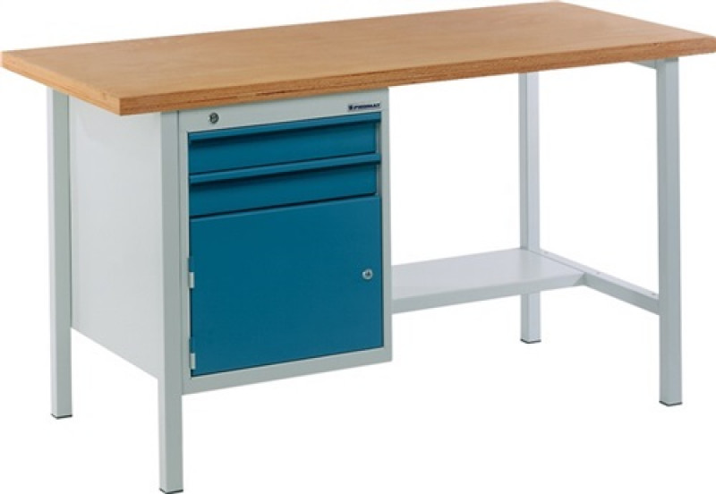 Werkbank BT495 B1500xT700xH840mm Buche Multiplex grau/blau 2Schubl.1Tür Werkbank BT495 B1500xT700xH840mm Buche Multiplex grau/blau 2Schubl.1Tür