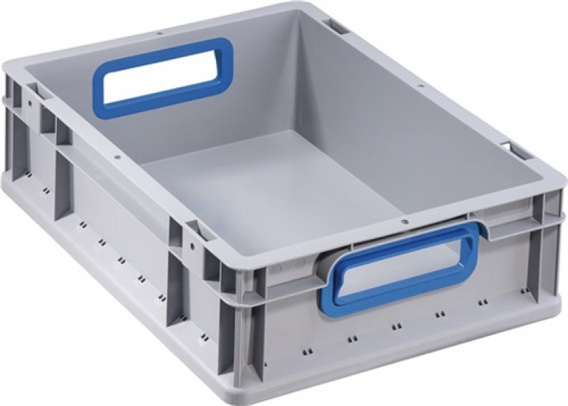 Transportstapelbehälter L400xB300xH120mm grau PP offener Griff blau Transportstapelbehälter L400xB300xH120mm grau PP offener Griff blau