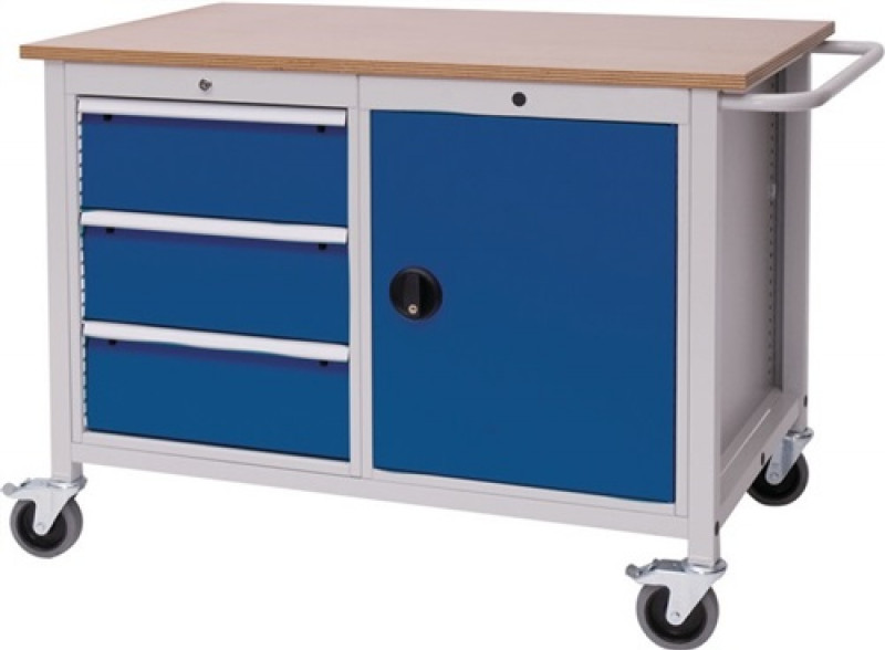 Werkbank B1250xT750xH935mm Buche Multiplex lichtgrau signalblau 3Schubl. 1Tür