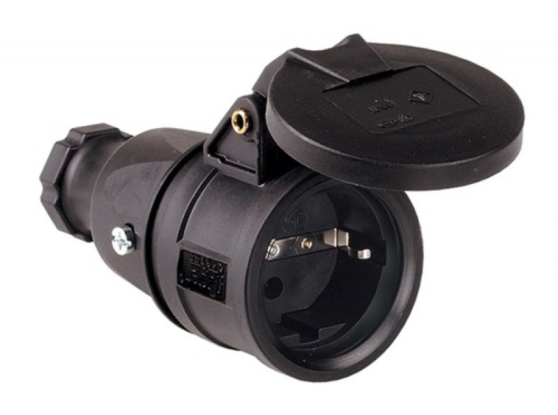 Schutzkontaktkupplung 10-/16 A 250 V schwarz IP44 Vollgummi,m.Federklappdeckel Schutzkontaktkupplung 10-/16 A 250 V schwarz IP44 Vollgummi,m.Federklappdeckel