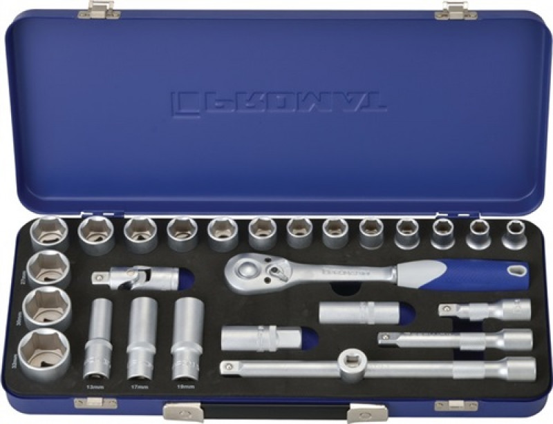 Steckschlüsselsatz 1/2 Zoll 27 tlg. 10-32 mm 6 KT Hebelumschaltk. 36 Z. PROMAT Steckschlüsselsatz 1/2 Zoll 27 tlg. 10-32 mm 6 KT Hebelumschaltk. 36 Z. PROMAT