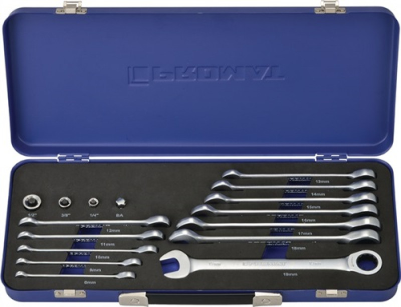 Knarrenringmaulschl.satz 16 tlg.SW8-19 mm 72 Zähne ger.Form m.4 Adapter PROMAT