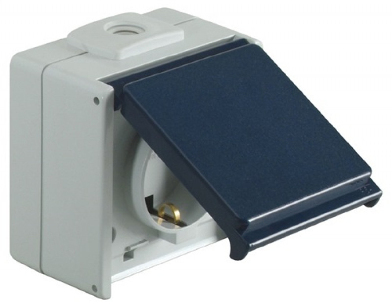 Schutzkontaktsteckdose IP54 10-/16 A 250/50V/Hz Aufputz 1-fach hellgrau/stahlbl. Schutzkontaktsteckdose IP54 10-/16 A 250/50V/Hz Aufputz 1-fach hellgrau/stahlbl.