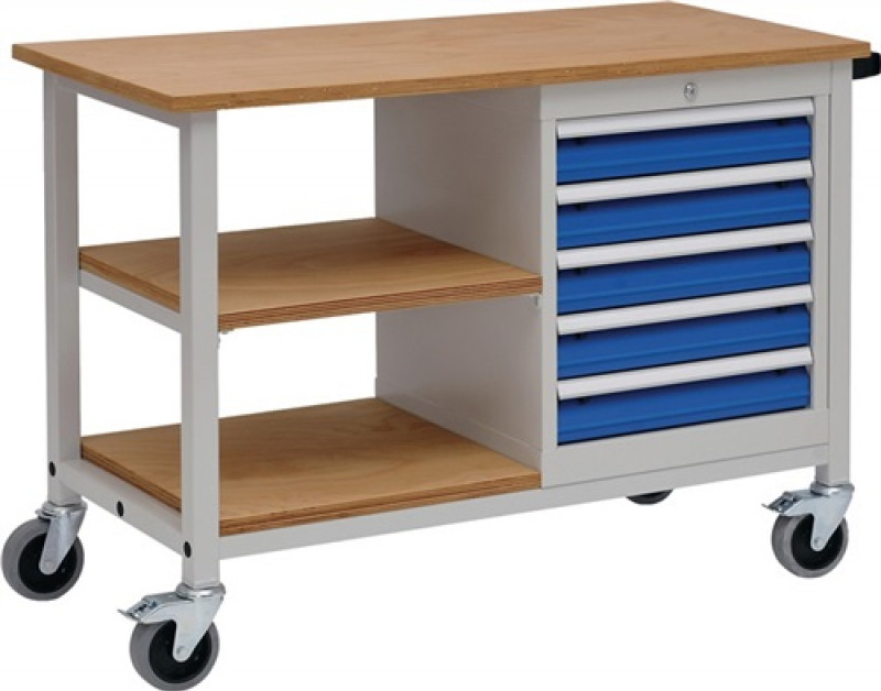 Werkbank B1200xT540xH859mm Buche Multiplex lichtgrau signalblau Anz.Schubl.5 Werkbank B1200xT540xH859mm Buche Multiplex lichtgrau signalblau Anz.Schubl.5
