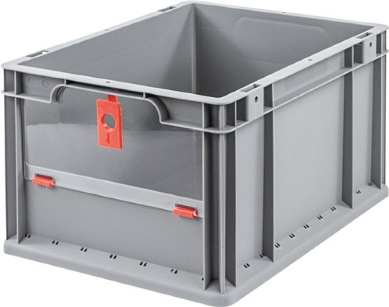 Transportstapelbehälter L400xB300xH220mm grau rot PP m.Klappscheibe Transportstapelbehälter L400xB300xH220mm grau rot PP m.Klappscheibe