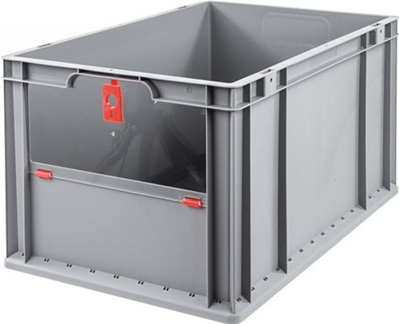 Transportstapelbehälter L600xB400xH320mm grau rot PP m.Klappscheibe Transportstapelbehälter L600xB400xH320mm grau rot PP m.Klappscheibe