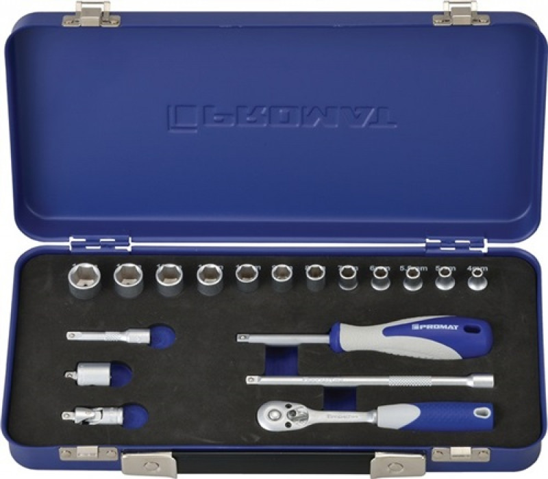 Steckschlüsselsatz 1/4 Zoll 18 tlg. 4-14 mm 6 KT Hebelumschaltknarre 20 Z.PROMAT Steckschlüsselsatz 1/4 Zoll 18 tlg. 4-14 mm 6 KT Hebelumschaltknarre 20 Z.PROMAT