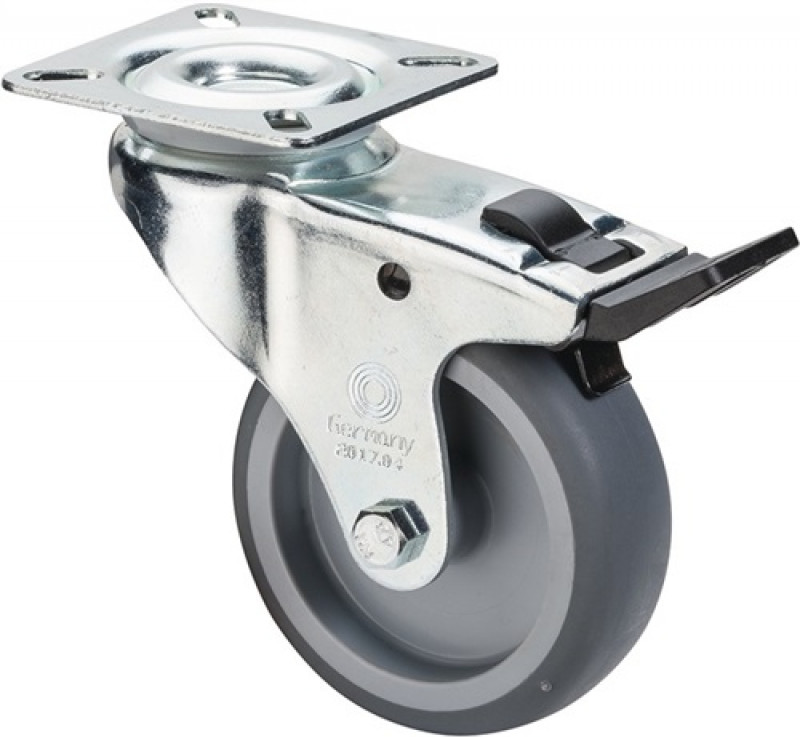 Lenkrolle m.Feststeller D.75mm Trgf.60kg m.Platte Gleitlager Gum.grau