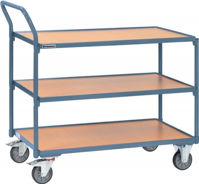 Tischwagen 3 Ladeflächen L850xB500mm blau Trgf.300kg Schiebebügel senkrecht Tischwagen 3 Ladeflächen L850xB500mm blau Trgf.300kg Schiebebügel senkrecht