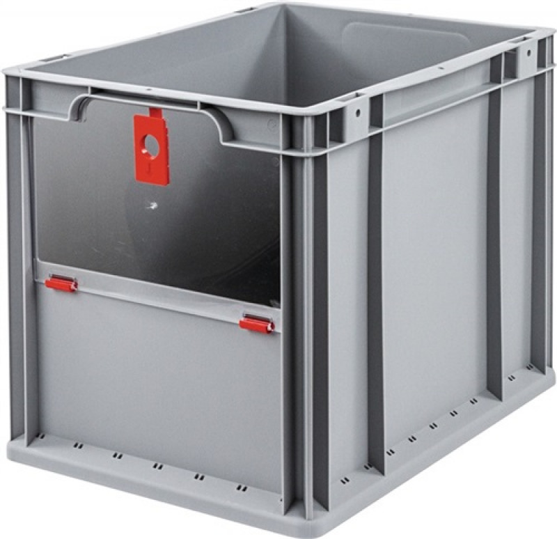 Transportstapelbehälter L400xB300xH320mm grau rot PP m.Klappscheibe Transportstapelbehälter L400xB300xH320mm grau rot PP m.Klappscheibe