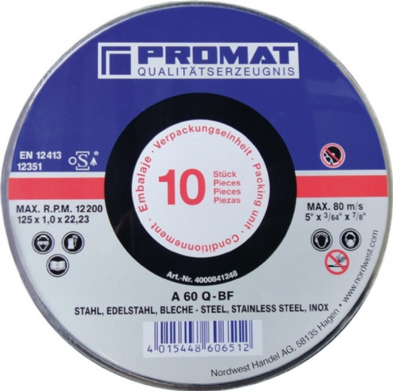 Trennscheibe INOX D125x1mm ger.INOX Bohrung 22,23mm 10er Dose PROMAT Trennscheibe INOX D125x1mm ger.INOX Bohrung 22,23mm 10er Dose PROMAT