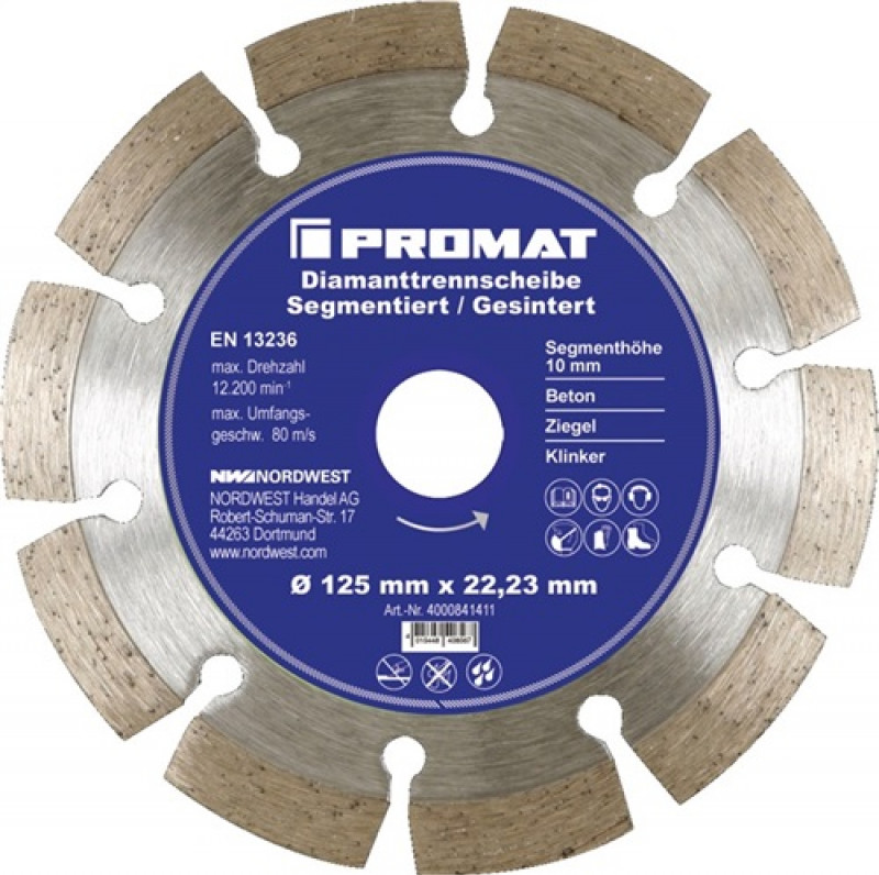 Diamanttrennscheibe D.125mm Bohr.22,23mm segmentiert 10mm PROMAT Diamanttrennscheibe D.125mm Bohr.22,23mm segmentiert 10mm PROMAT