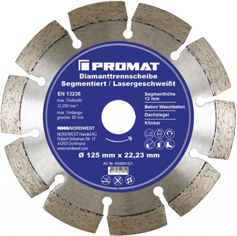 Diamanttrennscheibe D.350mm Bohr.20mm lasergeschweißt 12mm PROMAT Diamanttrennscheibe D.350mm Bohr.20mm lasergeschweißt 12mm PROMAT