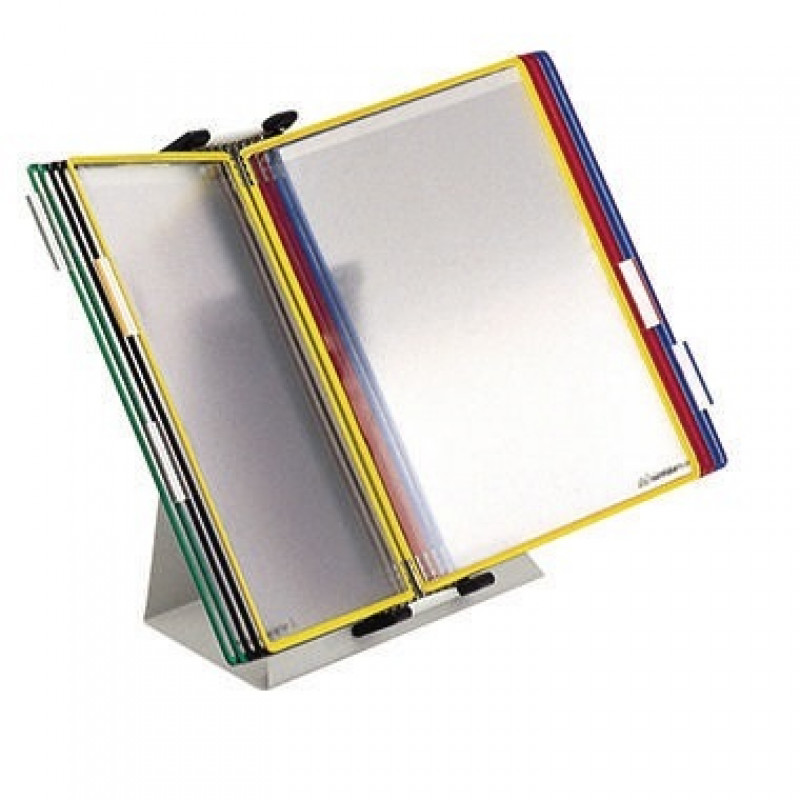 Tischständer A4 grau aus Metall mit 10 Sichttafeln A4 sortiert Tischständer A4 grau aus Metall mit 10 Sichttafeln A4 sortiert