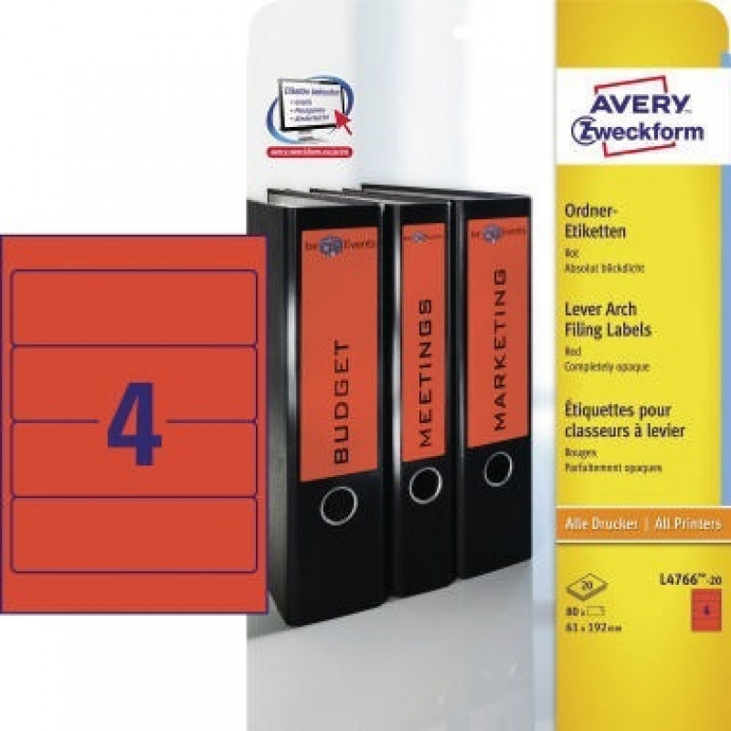 Avery Zweckform Ordneretikett L4766-20 61x192mm rt 80 St./Pack. Avery Zweckform Ordneretikett L4766-20 61x192mm rt 80 St./Pack.