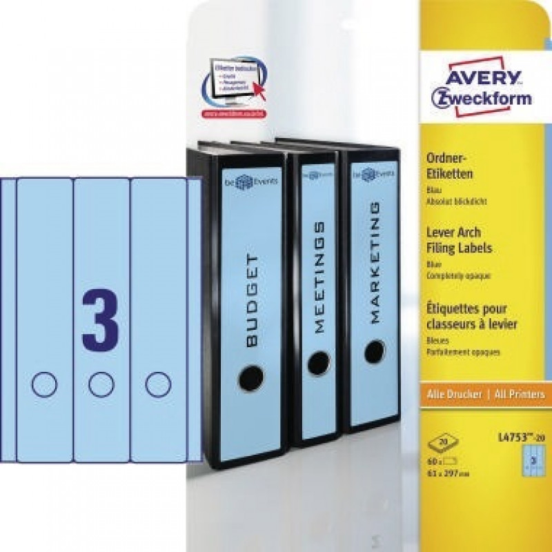 Avery Zweckform Ordneretikett L4753-20 lang/breit bl 60 St./Pack. Avery Zweckform Ordneretikett L4753-20 lang/breit bl 60 St./Pack.