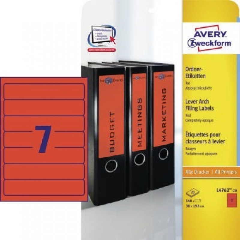 Avery Zweckform Ordneretikett L4762-20 38x192mm rt 140 St./Pack. Avery Zweckform Ordneretikett L4762-20 38x192mm rt 140 St./Pack.