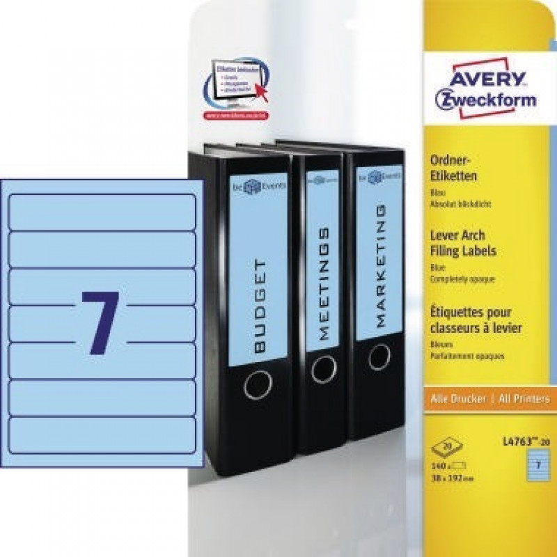 Avery Zweckform Ordneretikett L4763-20 38x192mm bl 140 St./Pack. Avery Zweckform Ordneretikett L4763-20 38x192mm bl 140 St./Pack.