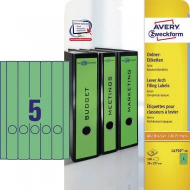 Avery Zweckform Ordneretikett L4750-20 38x297mm gn 100 St./Pack. Avery Zweckform Ordneretikett L4750-20 38x297mm gn 100 St./Pack.