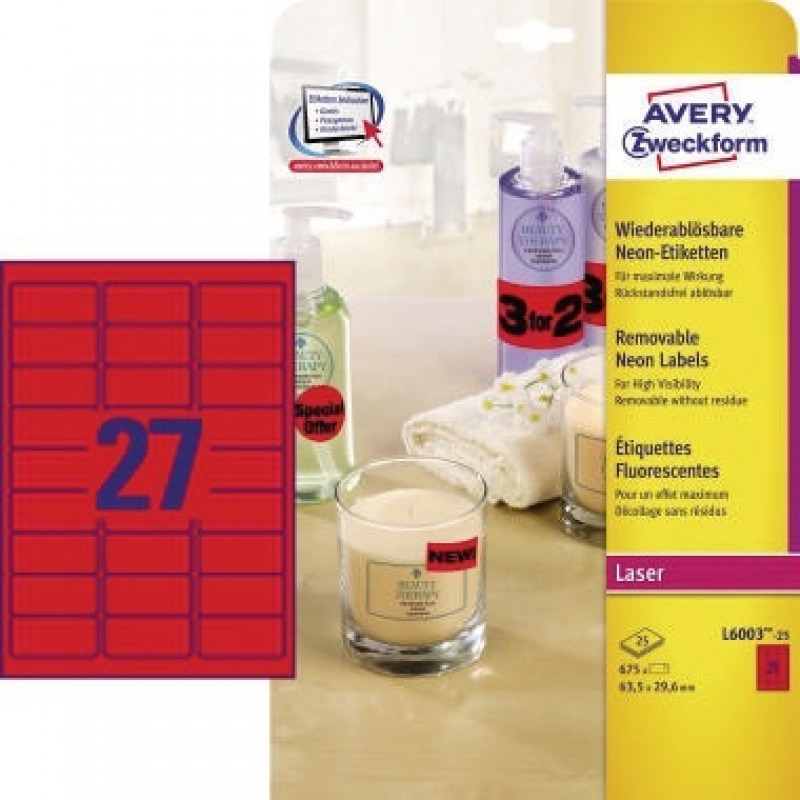 Avery Zweckform Etikett L6003-25 63,5x29,6mm neonrot 675 St./Pack. Avery Zweckform Etikett L6003-25 63,5x29,6mm neonrot 675 St./Pack.