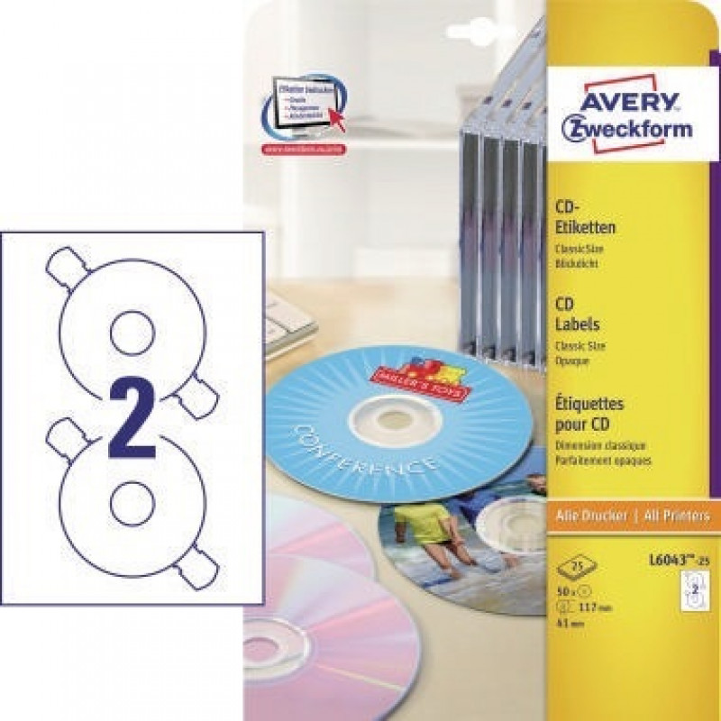 Avery Zweckform CD/DVD-Etikett L6043-25 117mm weiß 50 St./Pack. Avery Zweckform CD/DVD-Etikett L6043-25 117mm weiß 50 St./Pack.