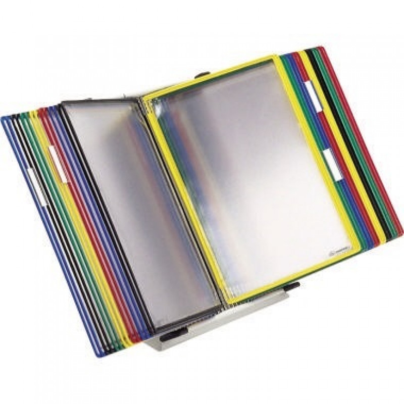 Tischständer A4 grau aus Metall mit 30 Sichttafeln A4 sortiert Tischständer A4 grau aus Metall mit 30 Sichttafeln A4 sortiert