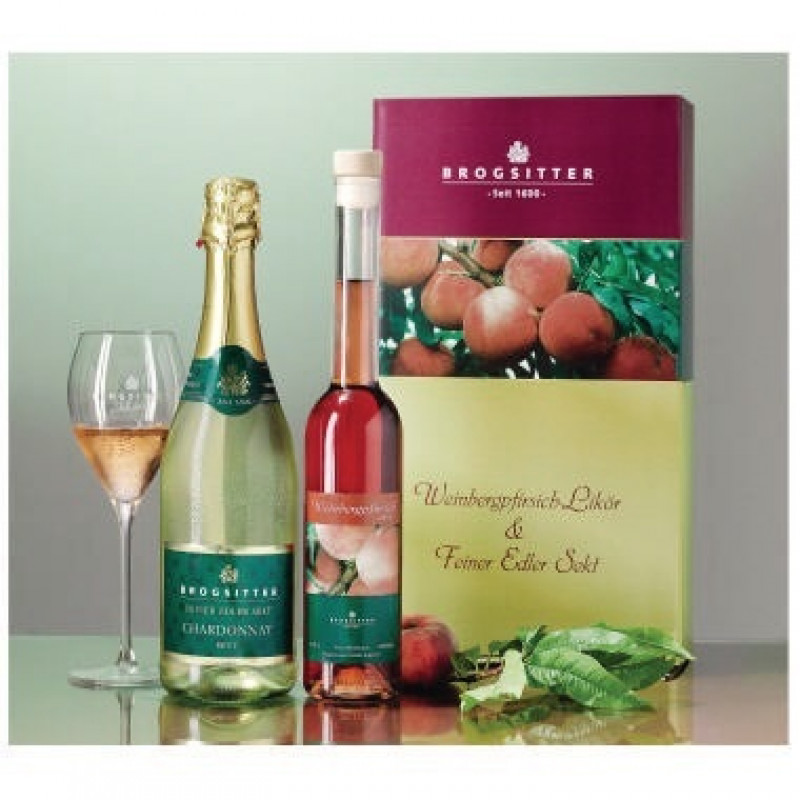 Weinbergpfirsichlikör +Chardonnaysekt Geschenkkarton Weinbergpfirsichlikör +Chardonnaysekt Geschenkkarton