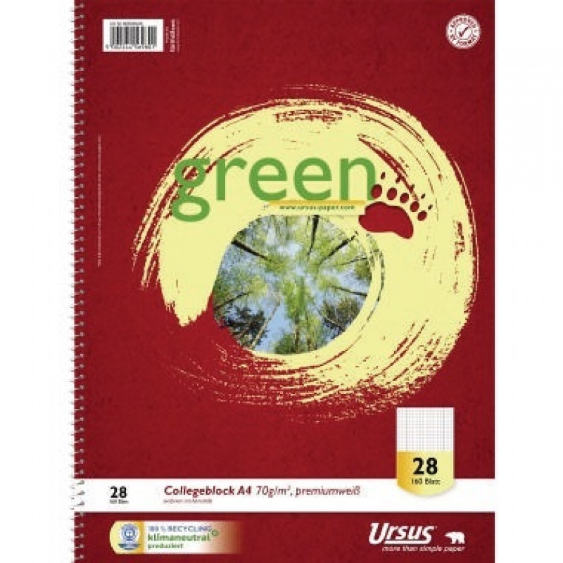 Ursus Collegeblock Green 608590028 DIN A4 70g kariert/Rand 160Blatt