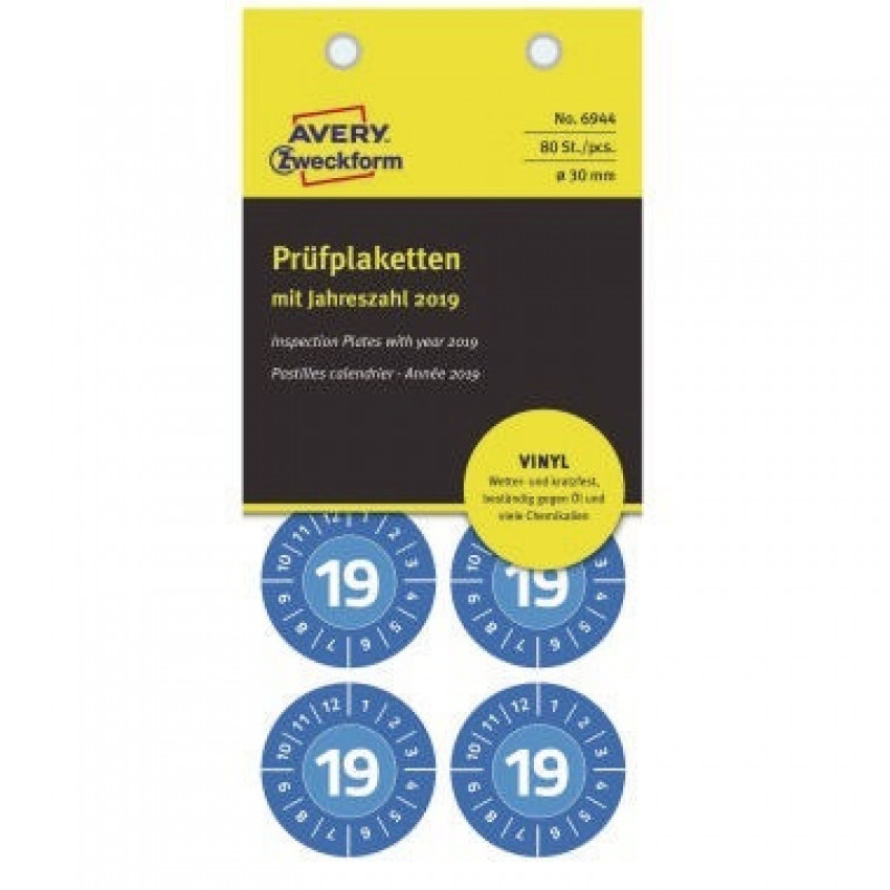 Avery Zweckform Prüfplakette 6944 2019 Vinyl bl 80 St./Pack. Avery Zweckform Prüfplakette 6944 2019 Vinyl bl 80 St./Pack.