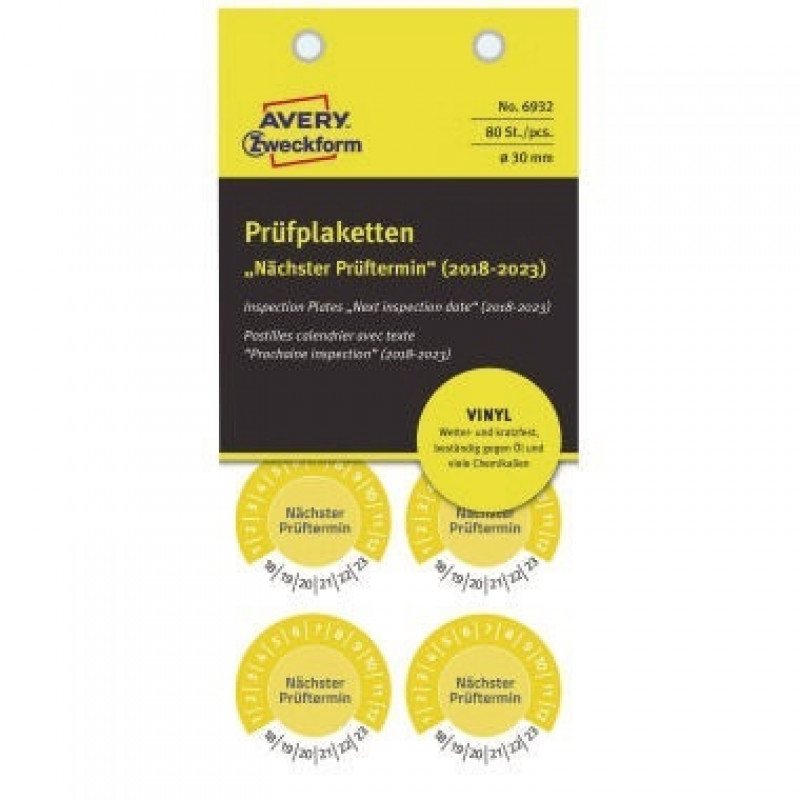 Avery Zweckform Prüfplakette 6932 2018/23 Vinyl ge 80 St./Pack. Avery Zweckform Prüfplakette 6932 2018/23 Vinyl ge 80 St./Pack.